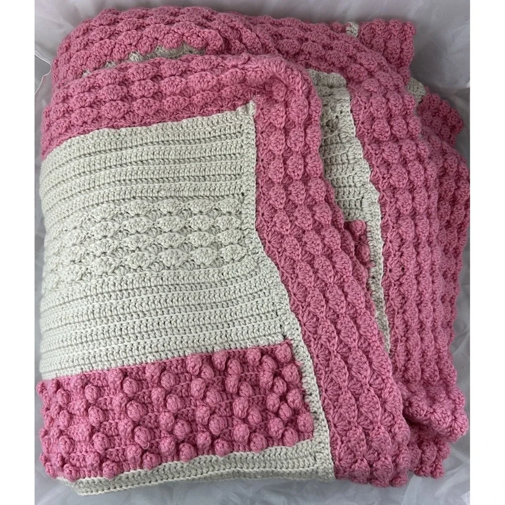 Afghan Crochet Blanket Twin Bedspread Pink Ivory/Beige Stripe French Knot ~75X99